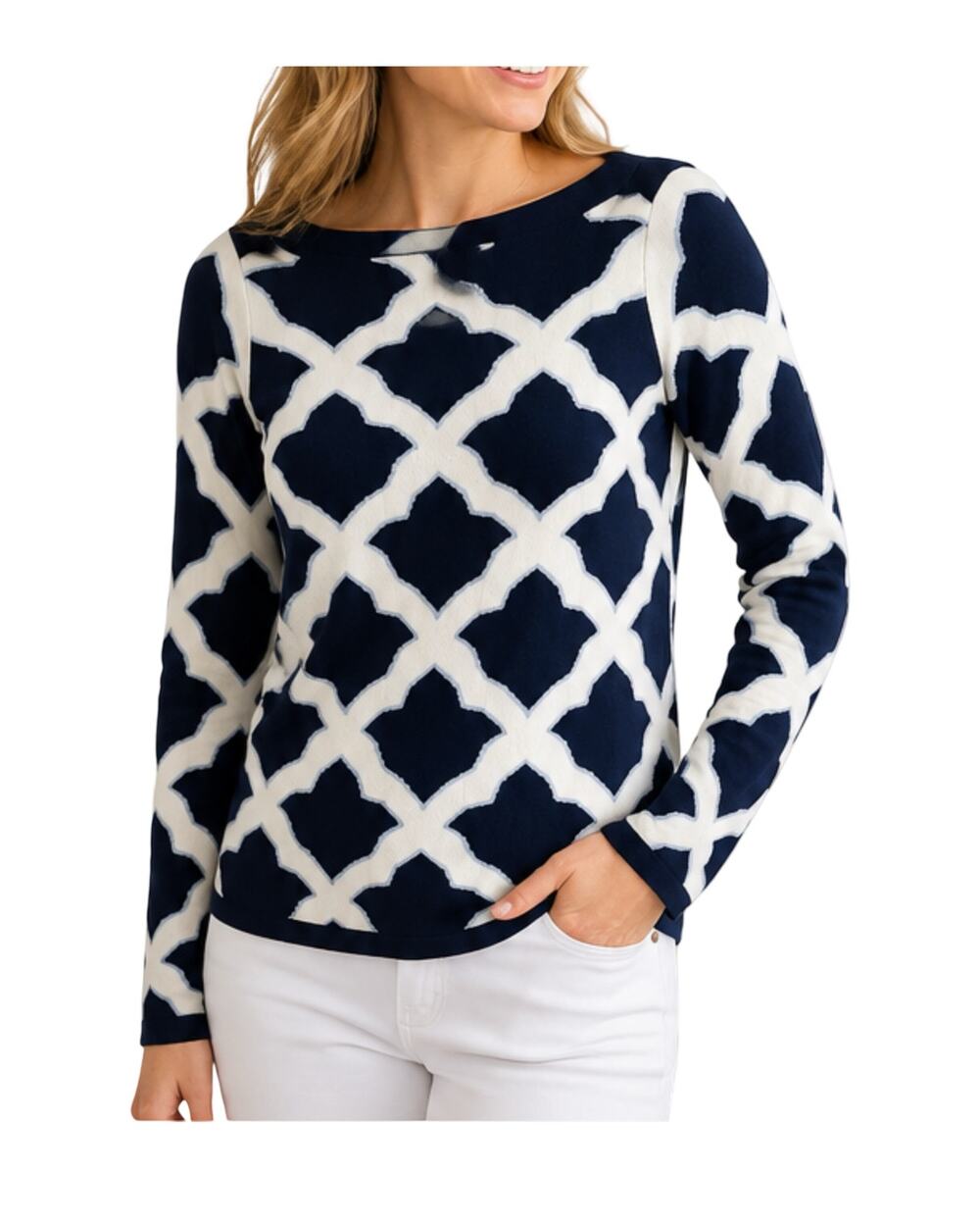 Islefield Cashmere Sweater Womens Size L White Blue Geometric Pullover Boat Neck